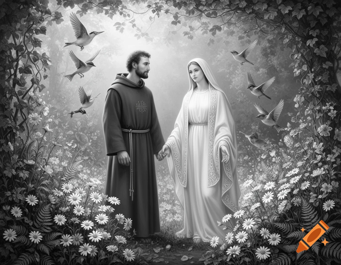A black and white illustration of Saint Francis and the Virgin Mary holding hands in a forest, surrounded by birds and daisies.
