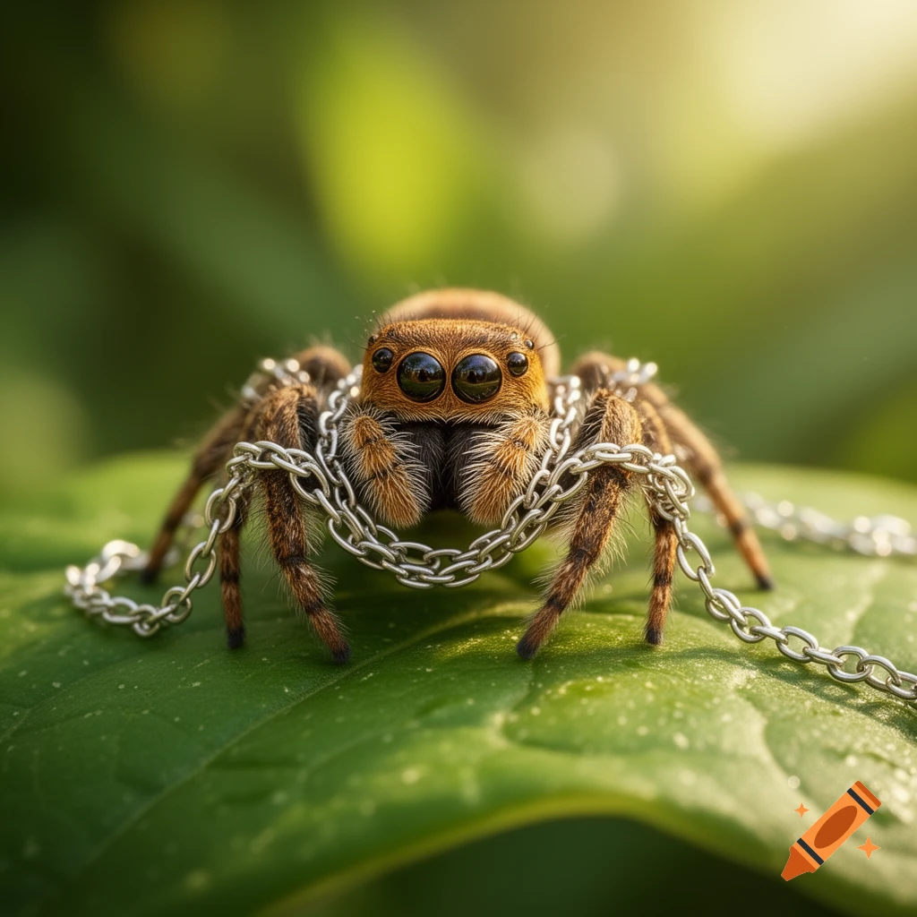 A cute, fuzzy jumping spider with large black eyes, intricately wrapped in silver chains on a vibrant green leaf.