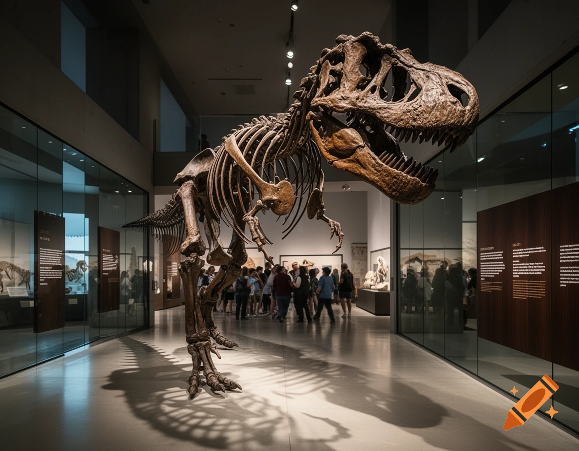 Photorealistic T-Rex skeleton exhibit in a modern natural history museum, with visitors observing.