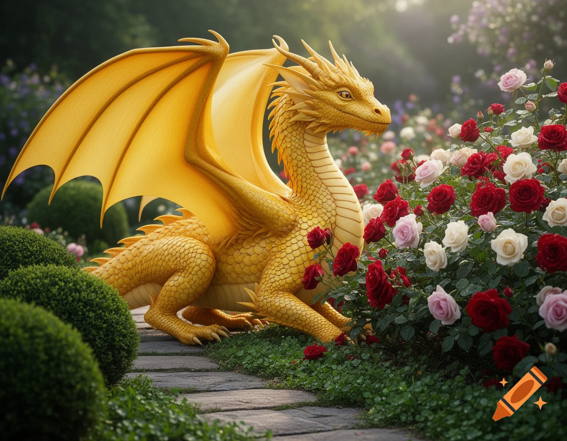 A majestic golden dragon rests among vibrant red, pink, and white roses in a lush garden setting.
