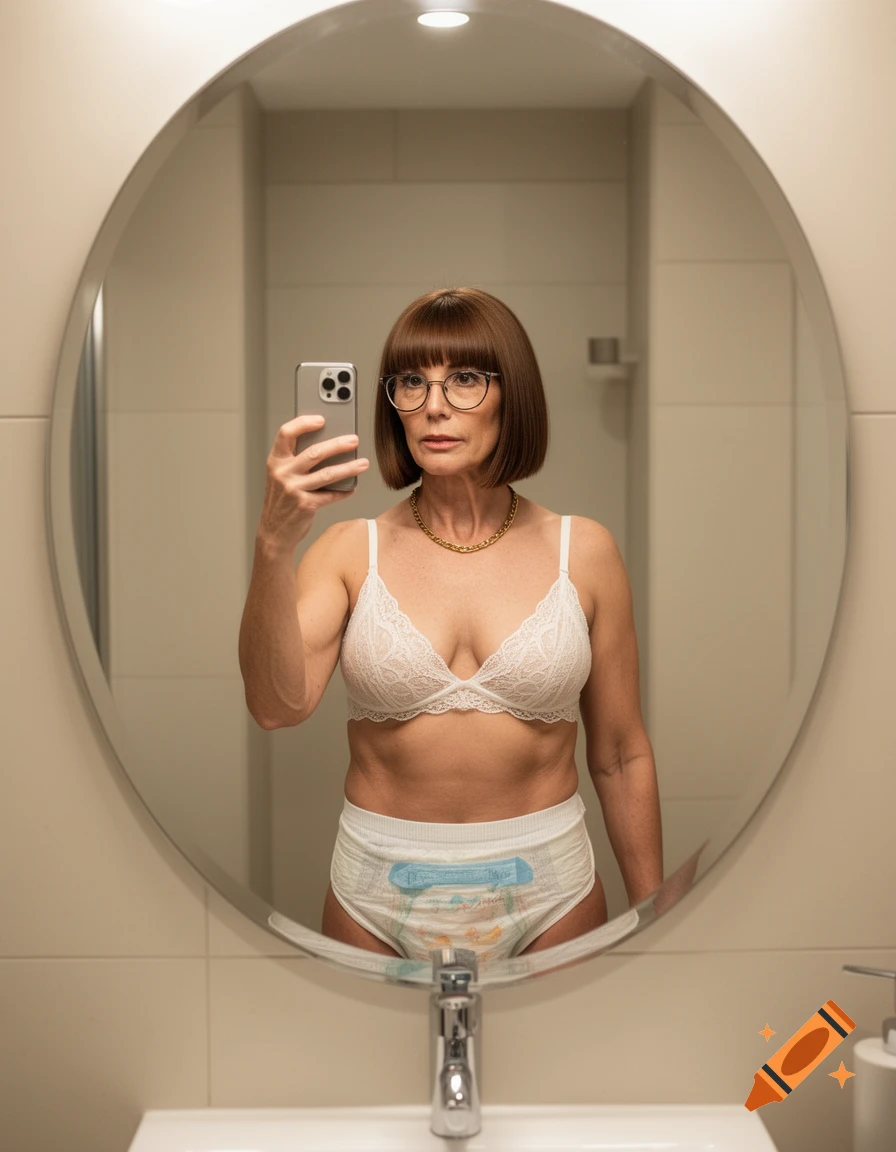 A middle-aged woman in a white lace bra and adult diaper takes a selfie in a bathroom mirror. Photorealistic.