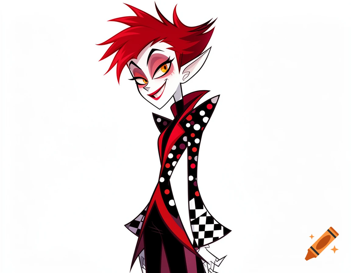 A stylized character with spiky red hair, pale skin, and pointed ears, wearing a black, red, and white patterned suit, smiling mischievously.