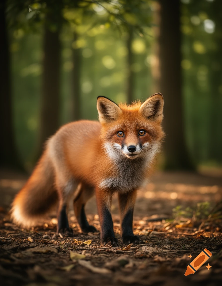 A photorealistic red fox with black legs stands on a forest floor, looking towards the viewer. Sunlight filters through blurred green trees.