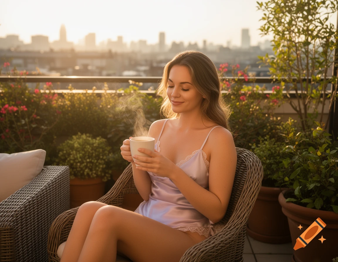 Smiling woman in a slip on a balcony, holding a steaming mug with a sunlit city skyline view.