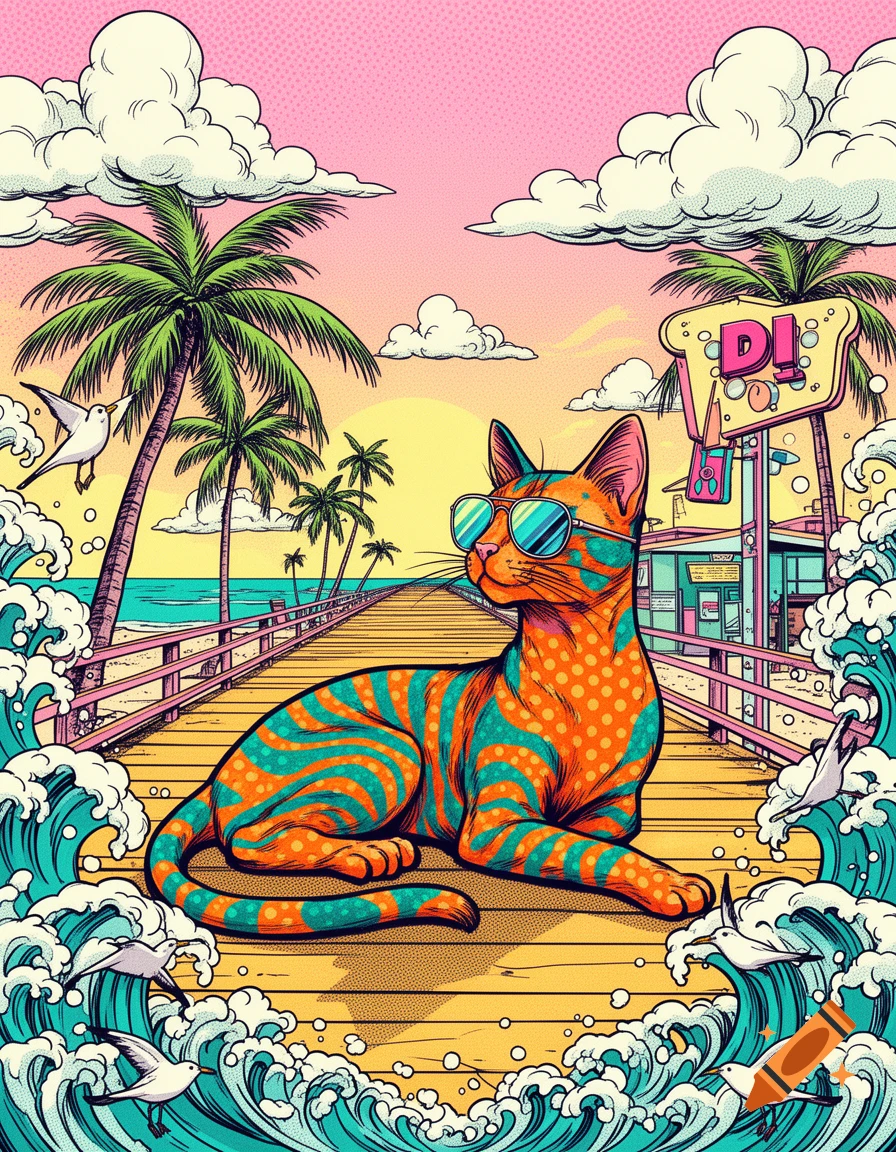 A pop art comic of a cool cat in sunglasses lying on a beach boardwalk with palm trees and waves.