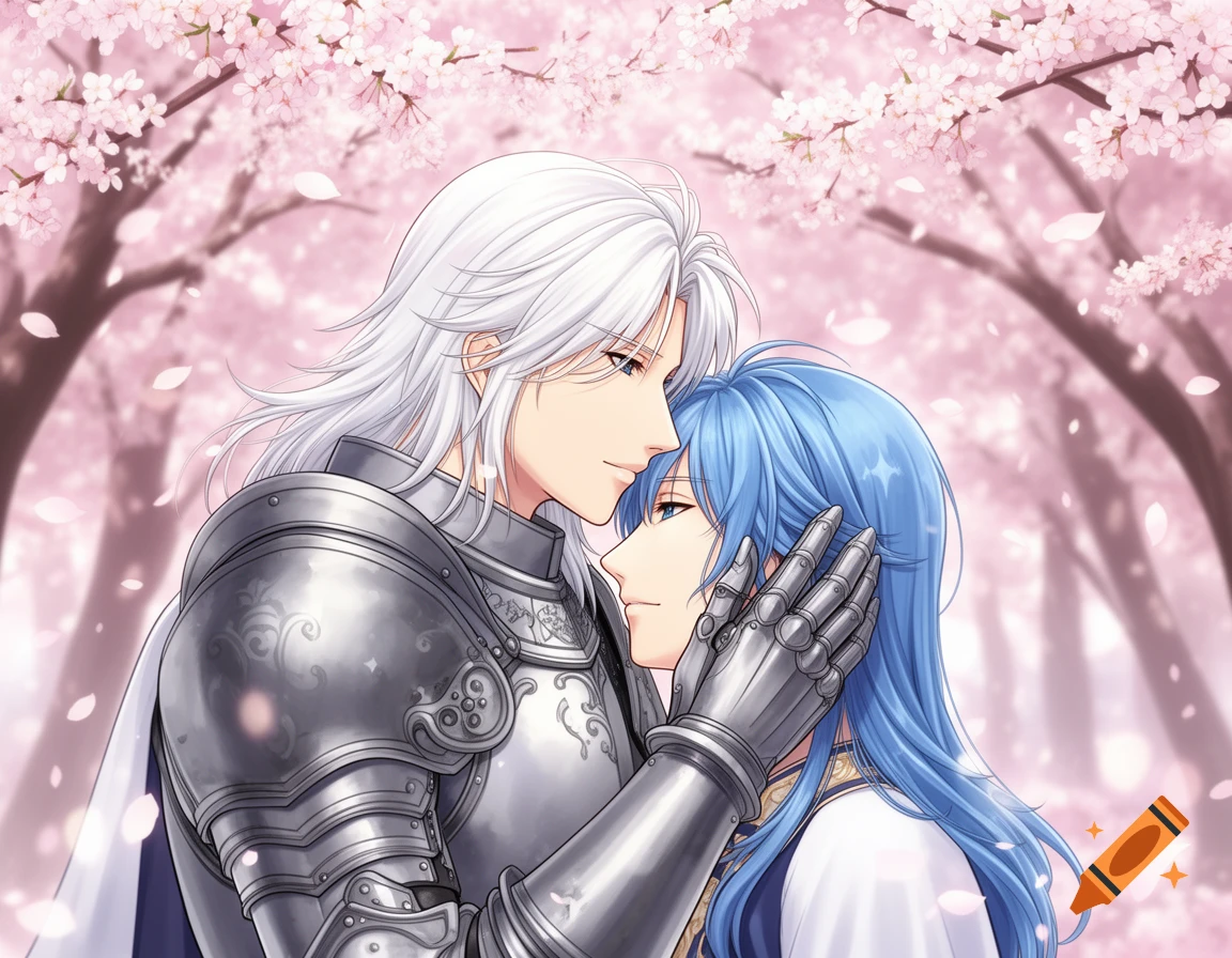 White-haired knight in armor embraces a blue-haired prince under blooming cherry blossom trees in an anime style.