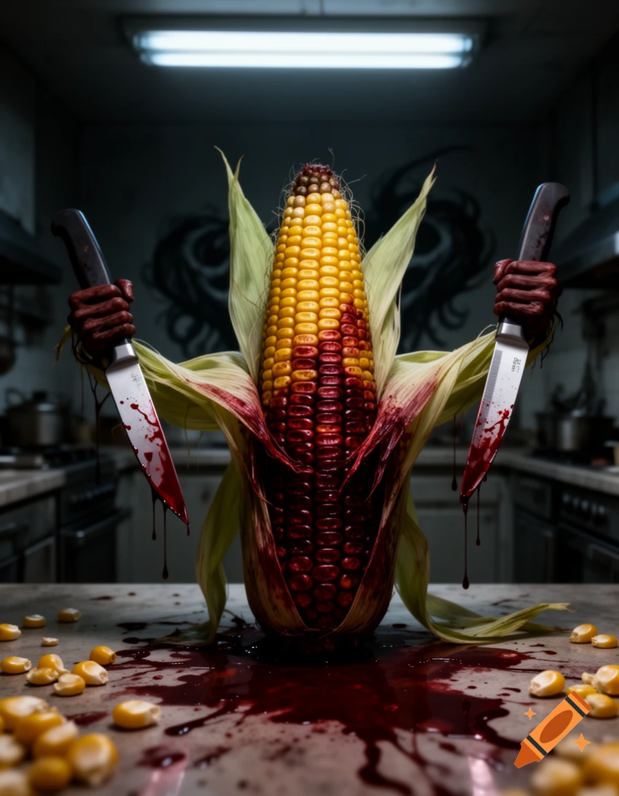 A demonic corn cob with bloody kernels and husks holds two bloody knives, splattering blood on a kitchen counter in a dark, horror style.
