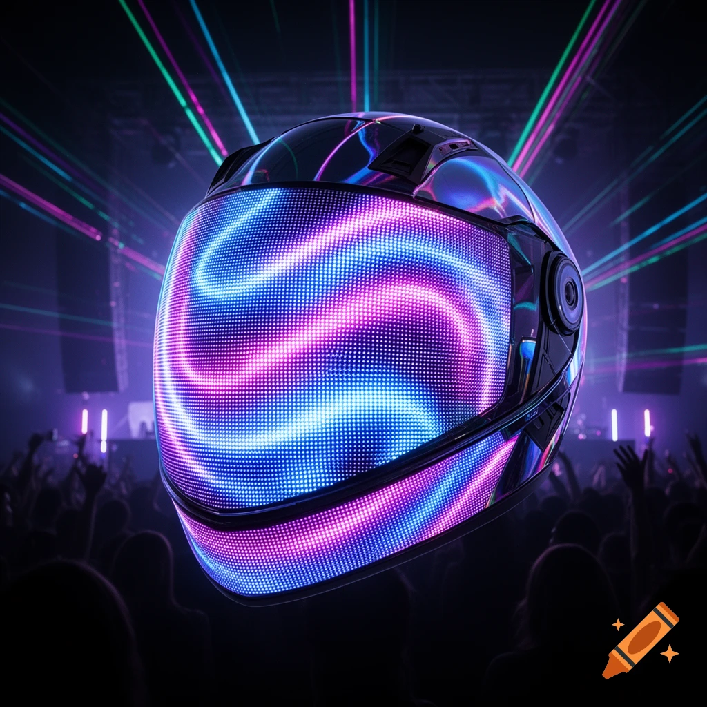 A futuristic DJ helmet with a glowing LED visor showing blue and pink swirls, set against a dark concert background with laser lights and a crowd.