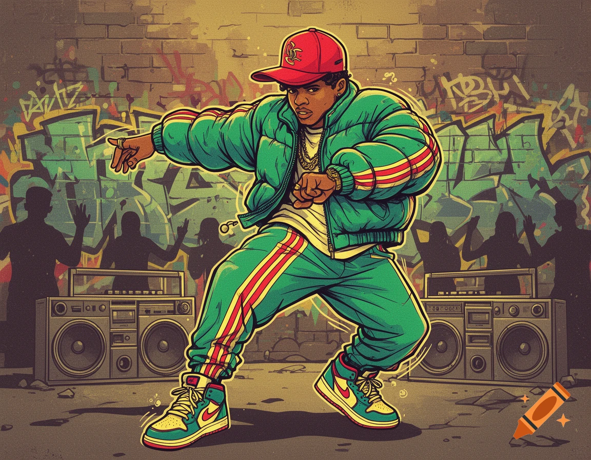 A vibrant cartoon b-boy in a green tracksuit and red cap performs a dance move in front of a graffiti-covered brick wall with boomboxes and silhouettes.