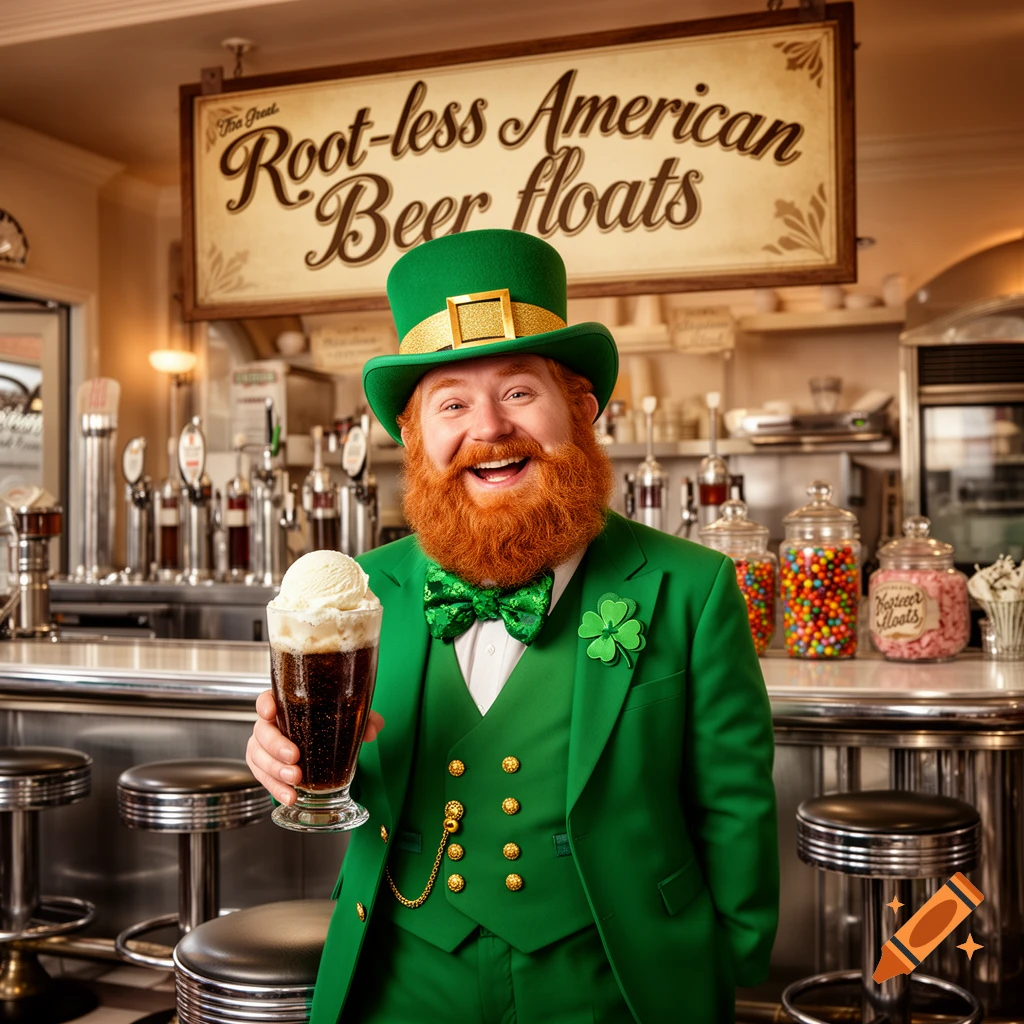 A smiling man dressed as a leprechaun in a green suit and top hat holds a beer float in a vintage bar setting for St. Patrick's Day.
