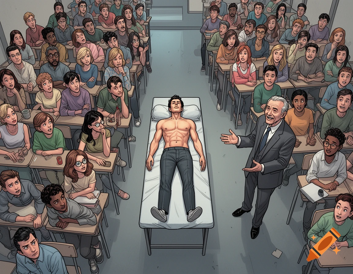 Comic illustration of a professor presenting a shirtless man on a table to a lecture hall full of curious students from a high angle.