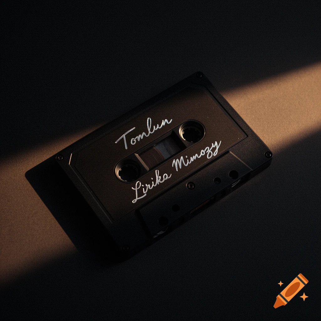Black matte vintage audio cassette tape with 'Tomlun' and 'Lirika Mimozy' in elegant silver script, highlighted by a warm light beam on a dark surface.