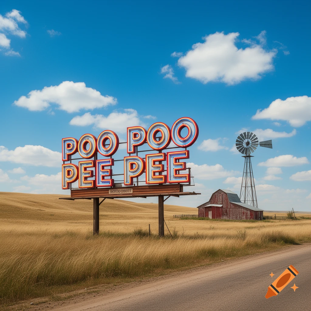 Photorealistic image of a neon billboard reading 'POO POO PEE PEE' in a golden rural landscape with a red barn and windmill.