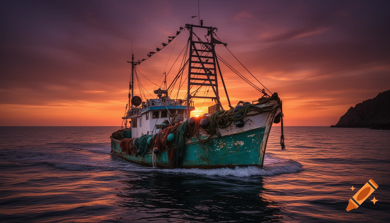 A weathered fishing boat sails on the ocean during a vibrant orange and purple sunset, with a dark coastline in the distance.