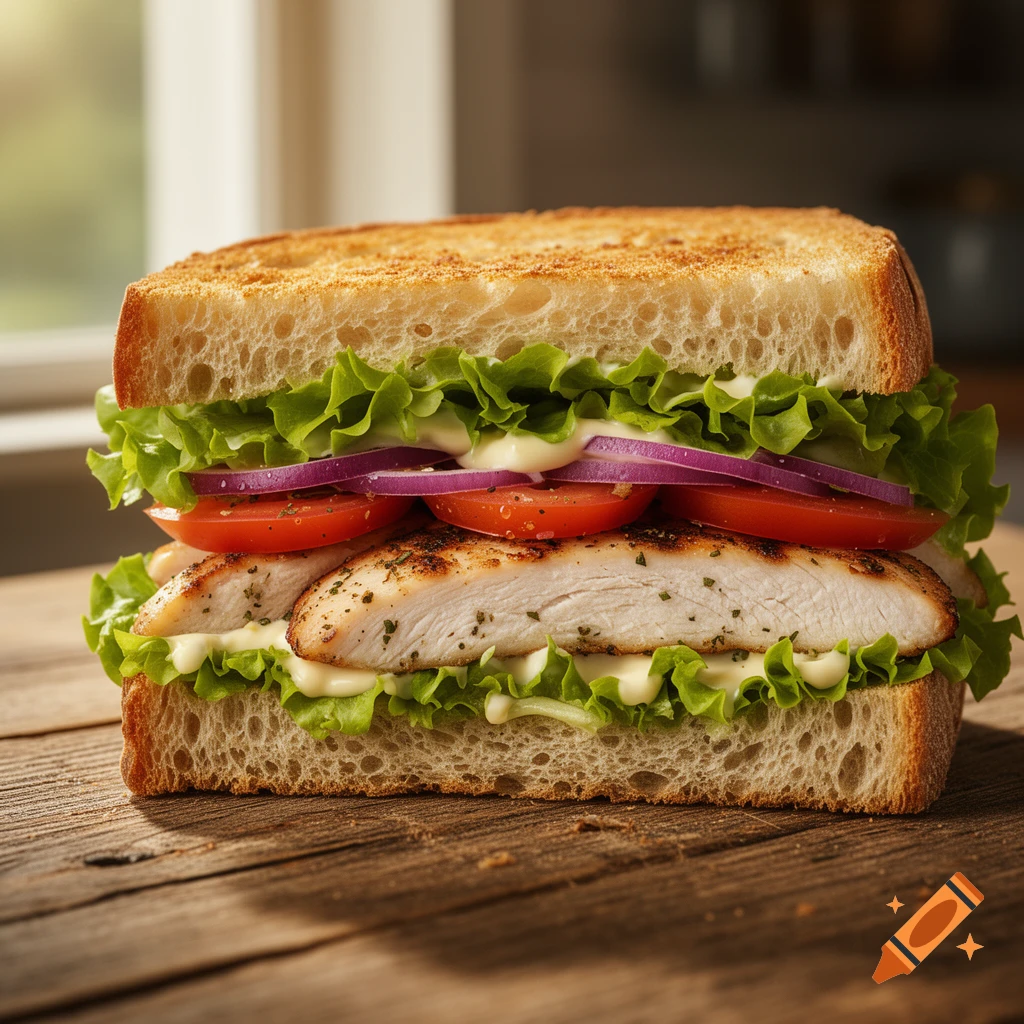 A photorealistic grilled chicken sandwich with toasted bread, lettuce, tomato, red onion, and mayonnaise on a wooden table.