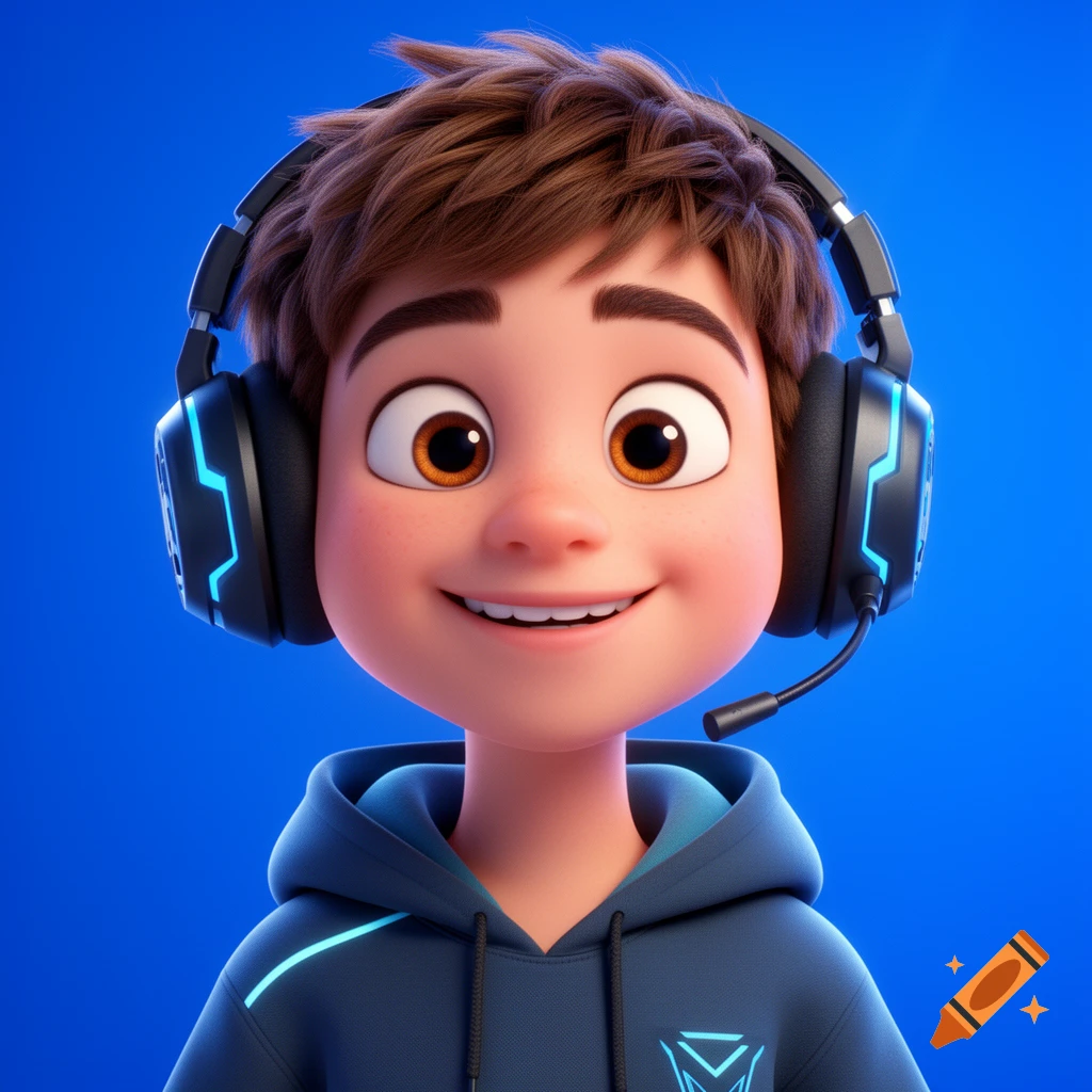 A smiling 3D animated boy in Pixar style, wearing gaming headphones with blue lights and a blue hoodie against a vibrant blue background.