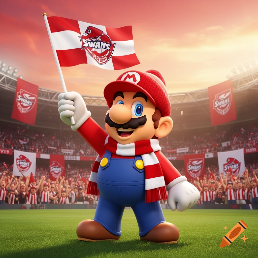 Super Mario waves a red and white 'Swans' flag in a stadium filled with cheering fans, sporting a red hat and scarf.