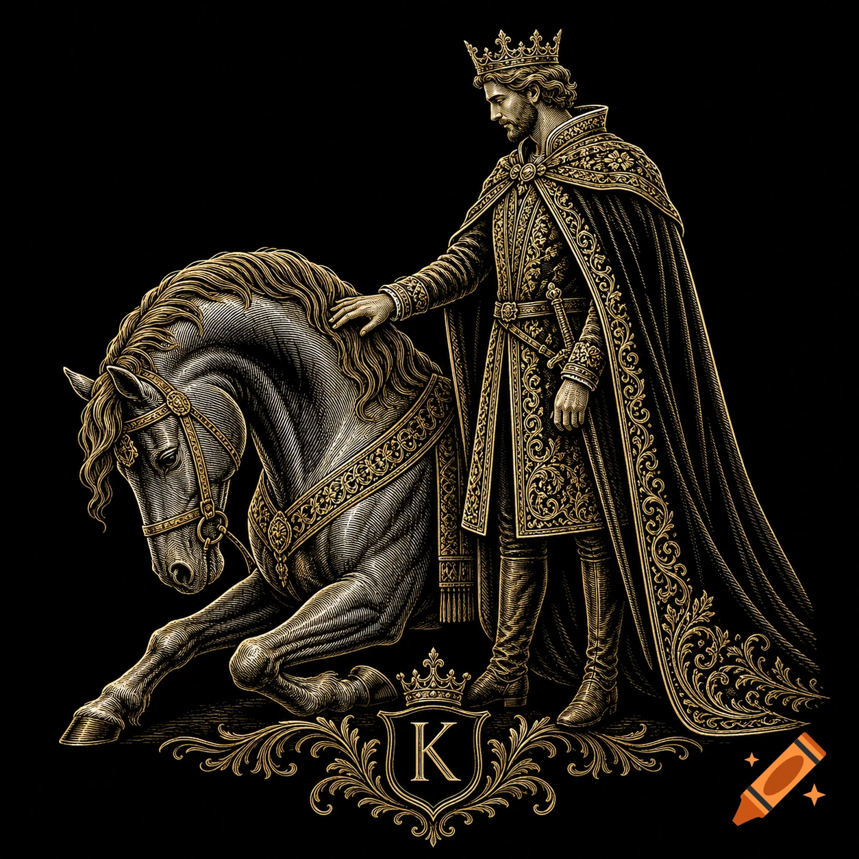An ornate gold and black engraving of a king in a crown and cape gently touching a bowing horse, with a 'K' emblem.