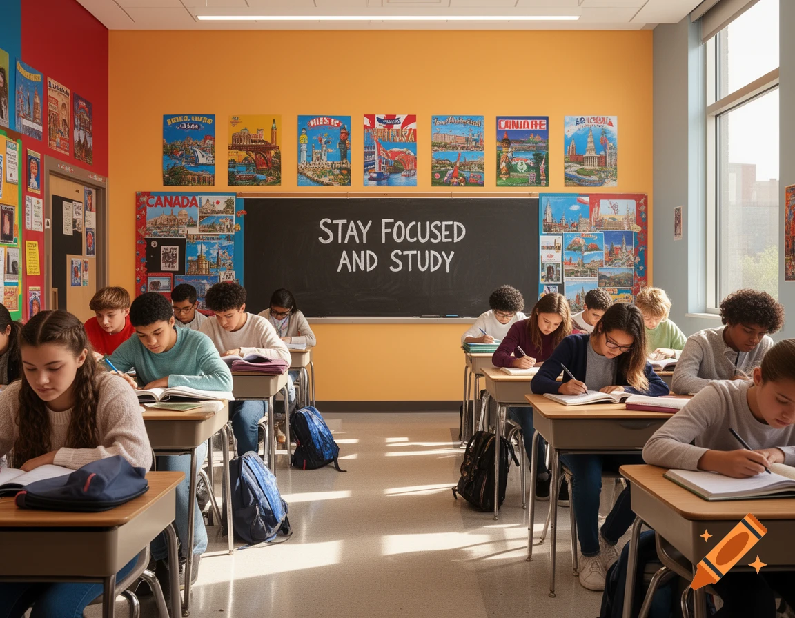 A bright classroom with diverse students studying at their desks, and "STAY FOCUSED AND STUDY" written on the blackboard.