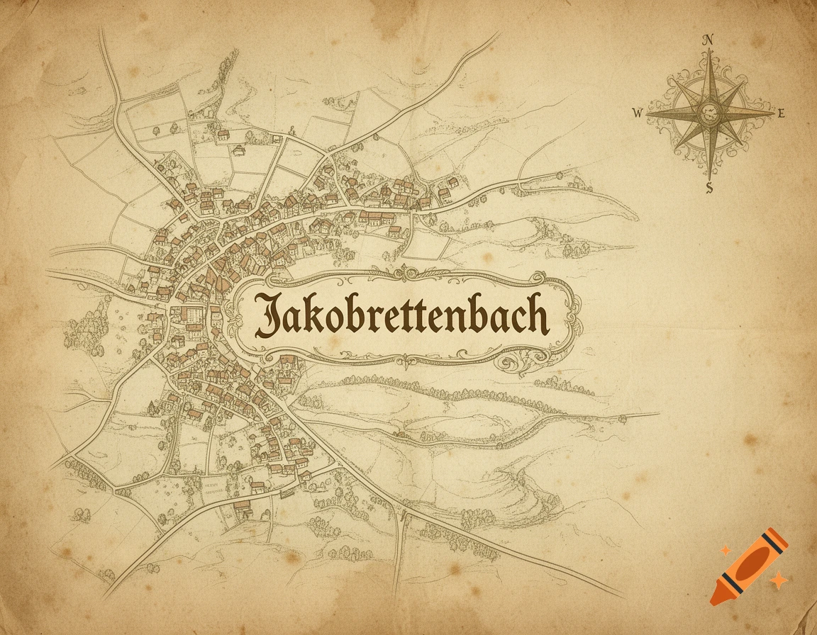 Vintage map of Jakobrettenbach on aged paper, featuring town layout and a compass rose.