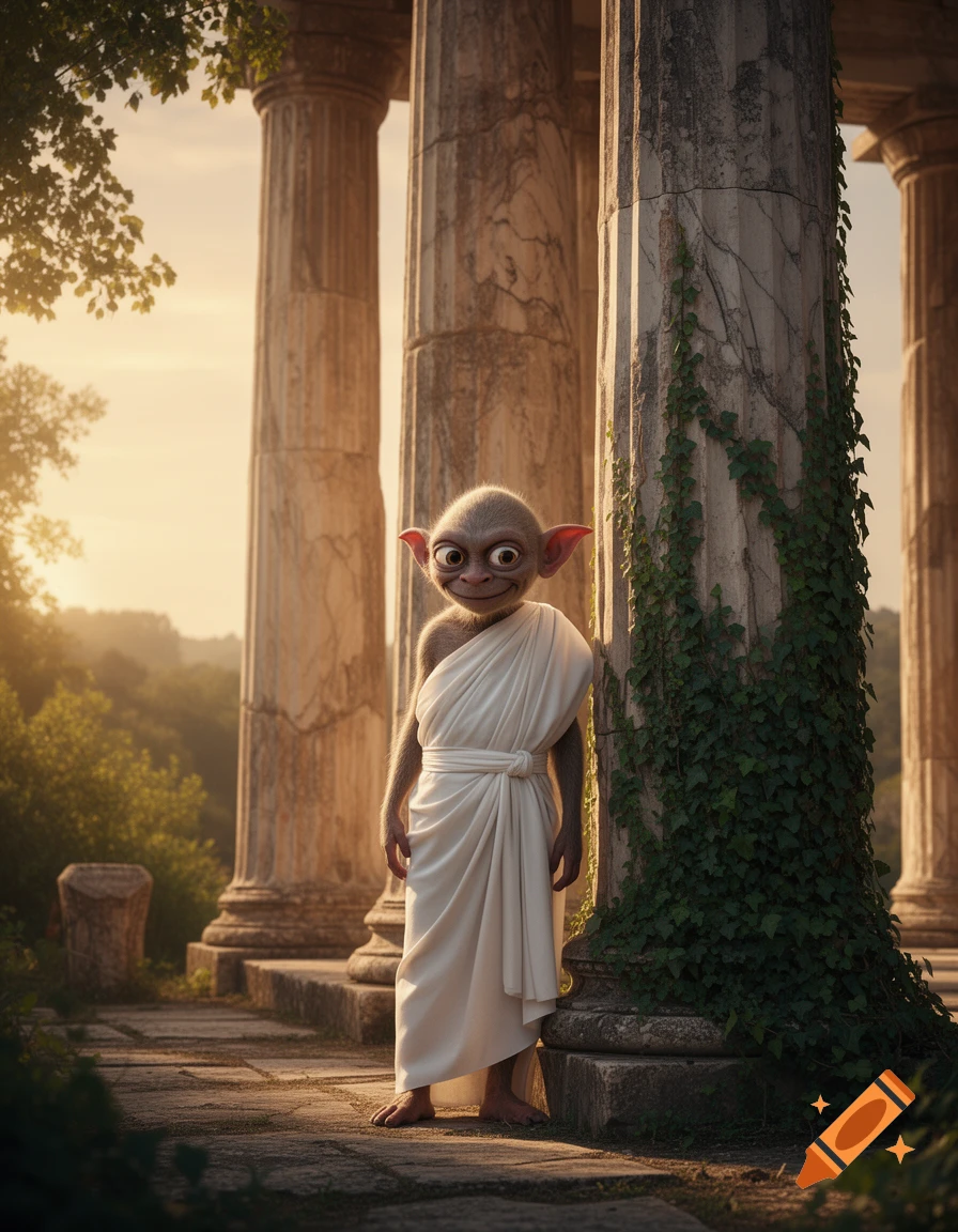 A small, grey-skinned fantasy creature with large eyes and ears, wearing a white toga, stands among ancient stone columns at sunset.