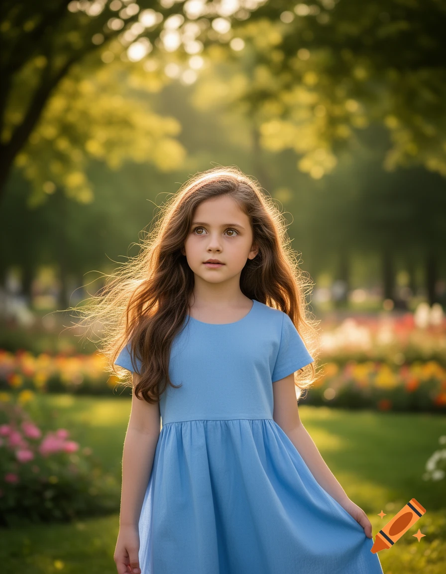 A young girl with long brown hair in a blue dress stands in a sunlit park with blurred trees and flowers, photorealistic style.