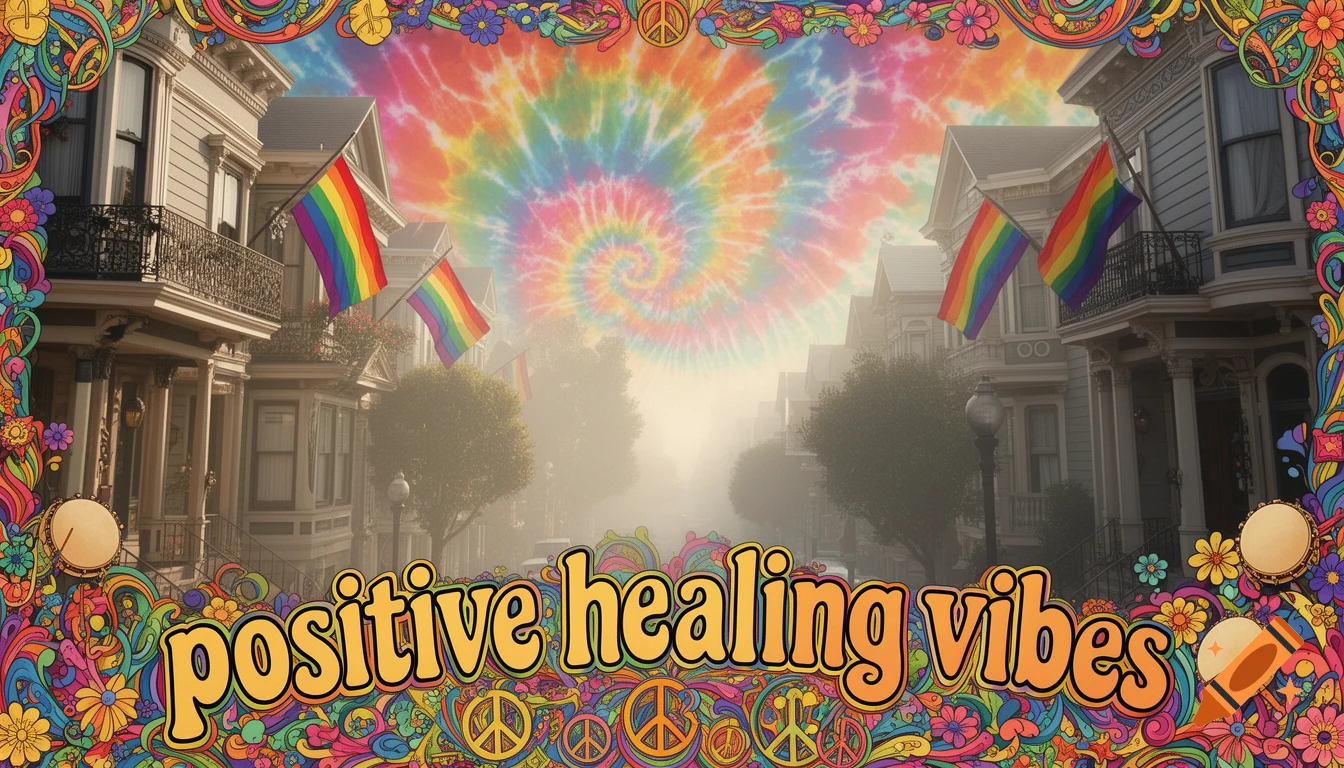 A psychedelic hippie-style poster featuring colorful tie-dye sky over a foggy street of Haight-Ashbury Victorian houses with pride flags. The image is framed by a vibrant floral border with peace signs and drums. Text reads 'positive healing vibes'.