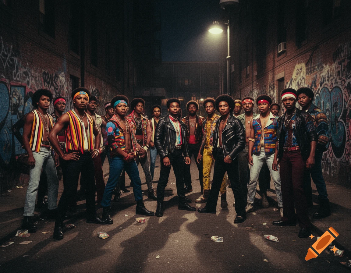 A diverse group of men in 70s fashion stand in a dimly lit, graffiti-covered urban alley.