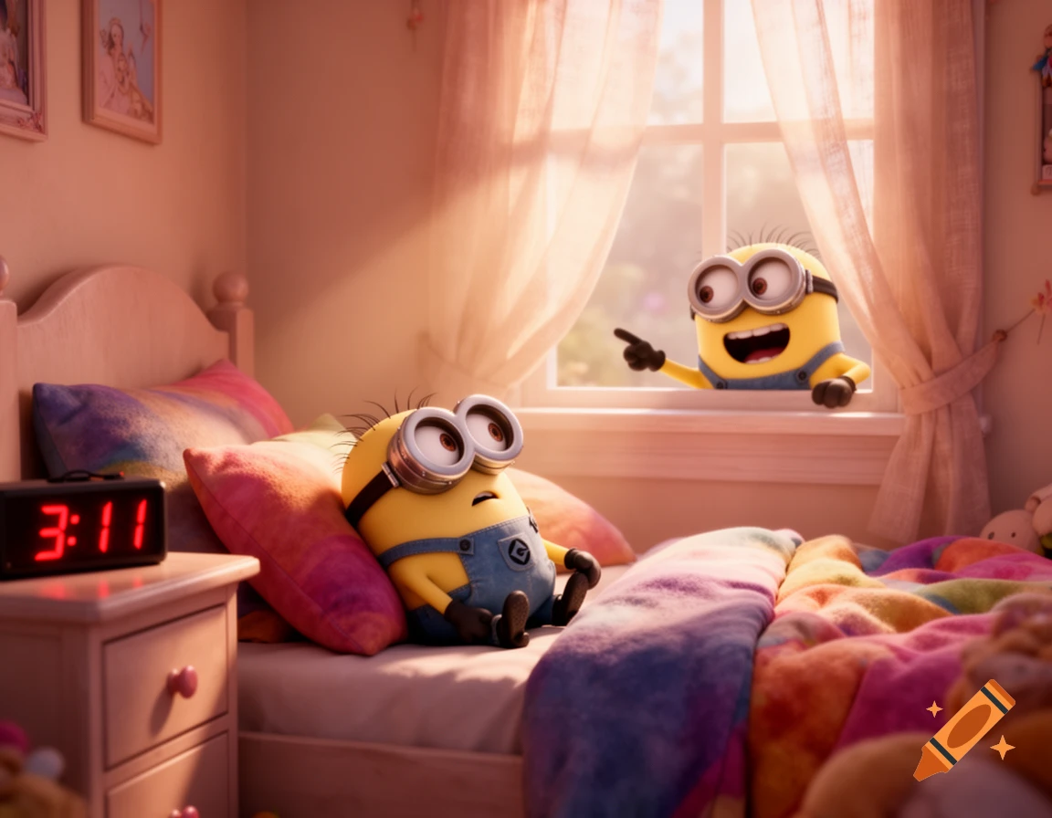 A groggy minion wakes in a cozy bedroom with a digital clock showing 3:11 as another minion laughs and points through the window.