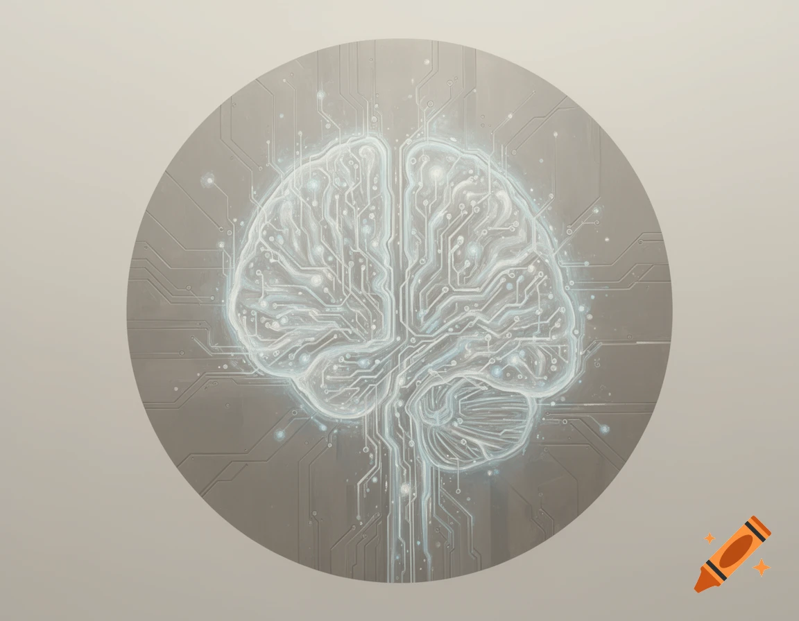 A stylized, glowing brain made of circuitry, centered within a grey circle, representing artificial intelligence in a neutral color palette.