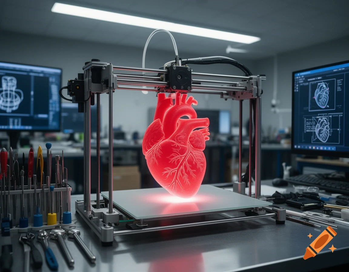 A glowing red human heart model being 3D-printed on a machine in a laboratory setting, with monitors displaying anatomical diagrams.