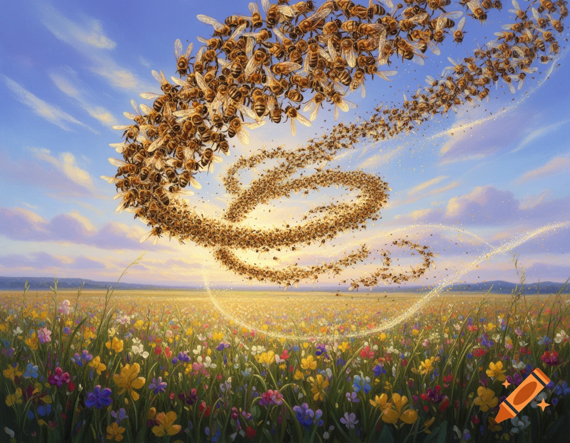 A massive swarm of bees swirls through a vibrant field of wildflowers under a bright blue sky with sparkling trails.