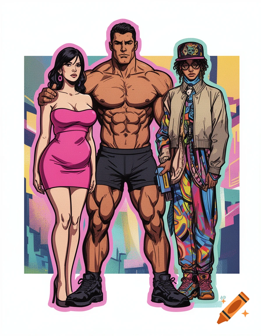 Three stylized figures: a woman in a pink dress, a very muscular man in shorts, and a person in colorful, patterned clothing and a cap. Illustrated in a comic book style.