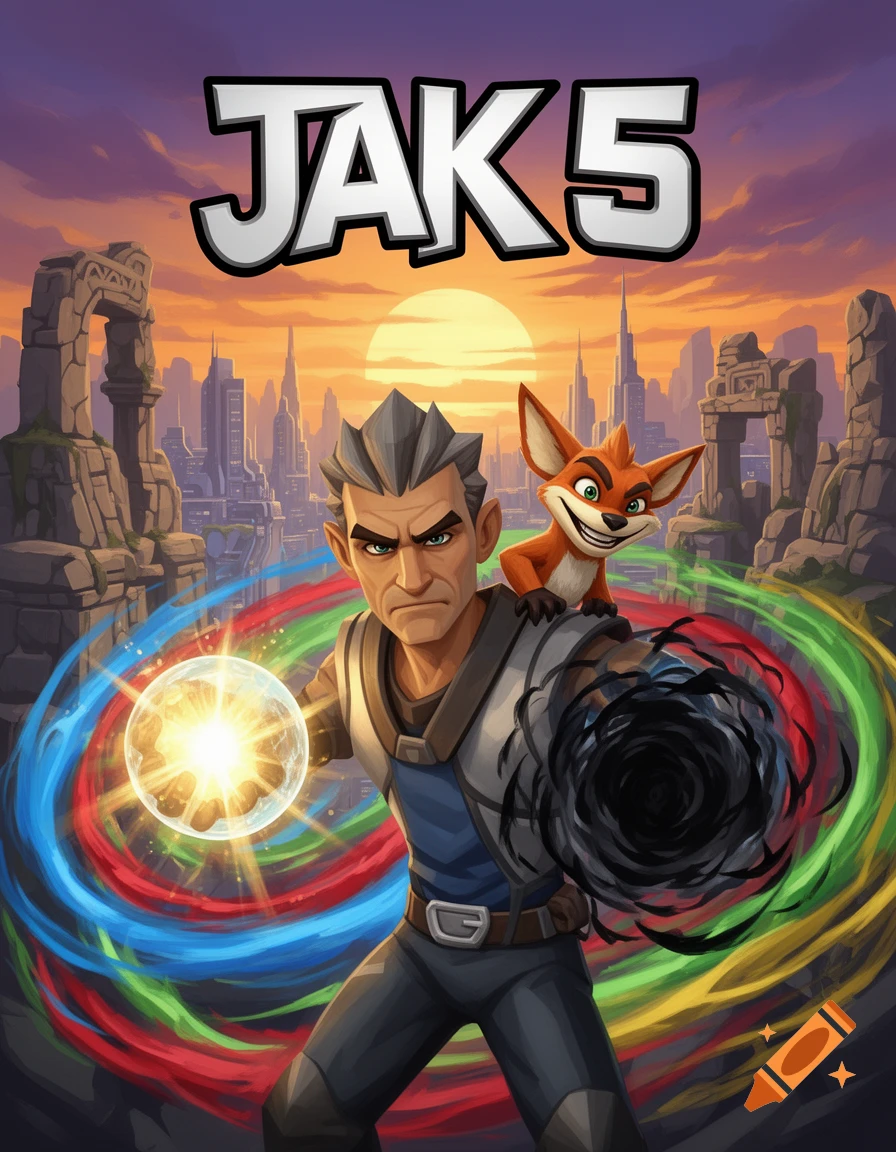 Video game box art for 'JAK 5' with an older Jak holding light and dark energy, Daxter on his shoulder, against a futuristic city sunset background.