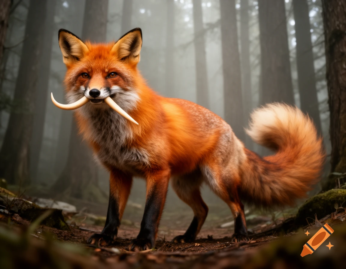 A photorealistic red fox with prominent, curved tusks stands in a misty forest, looking intently forward.