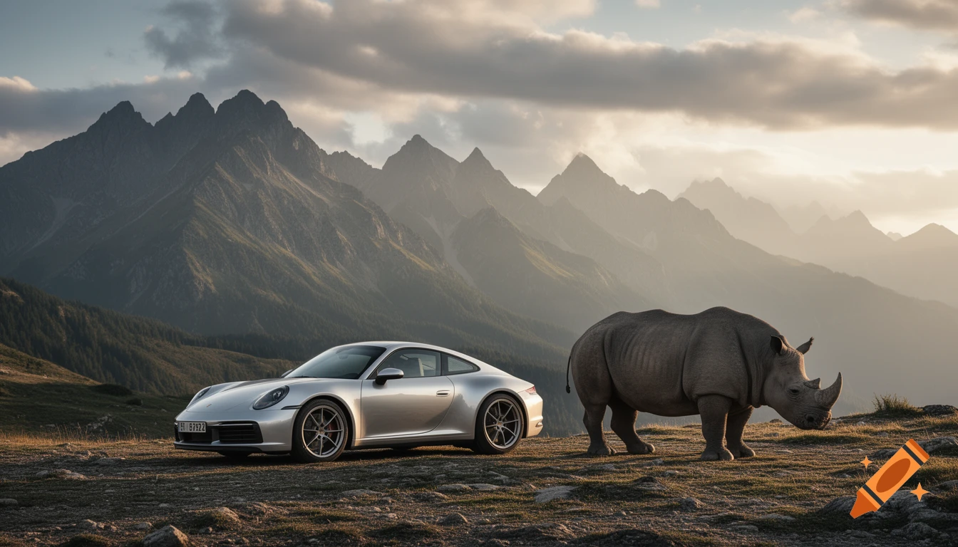 Silver Porsche 911 and a rhinoceros on a rocky mountain plateau with hazy peaks at sunset.