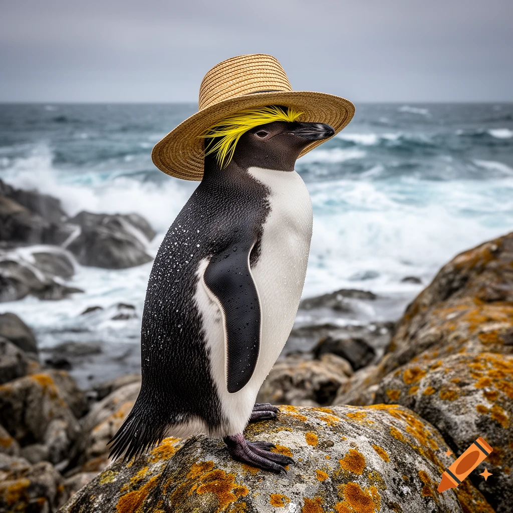 A crested penguin wearing a straw hat stands on mossy rocks beside a stormy ocean under a grey sky.