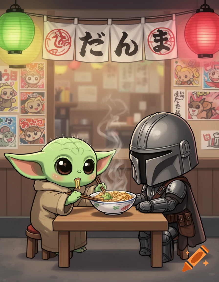 Chibi Grogu and Mandalorian eat noodles with chopsticks at a table in a Japanese street restaurant with lanterns and banners.