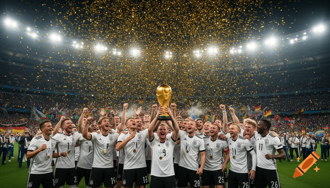 German football team celebrating winning the World Cup 2026, holding the golden trophy, with confetti falling in a stadium. Photorealistic.