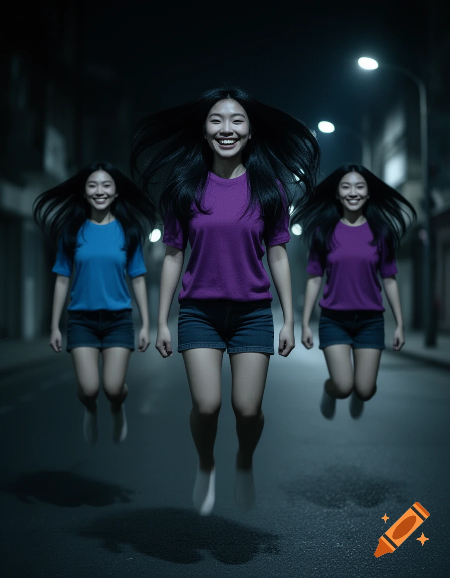 Three identical Asian women with long black hair, in purple and blue t-shirts and shorts, levitate and smile unnervingly in a dark, wet street at night with streetlights.