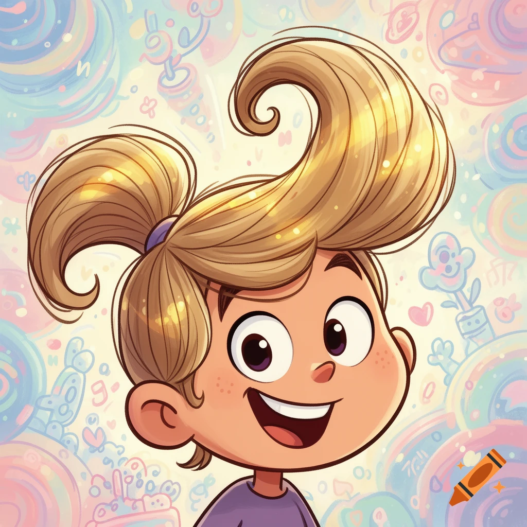 A cheerful cartoony child with dirty blonde curly ponytails and big eyes, smiling against a whimsical pastel background.