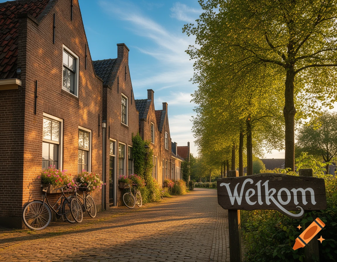 A peaceful Dutch street with brick houses, flower-adorned bicycles, and a "Welkom" sign under a sunny sky.