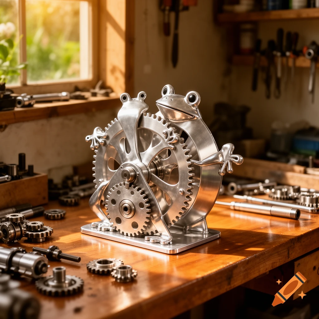 A shiny metallic sculpture of two frogs holding a large gear, on a wooden workbench with tools in a sunlit workshop.