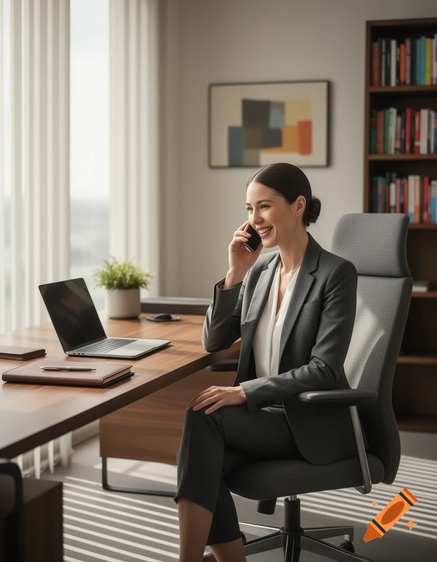 Smiling professional woman in a suit talking on her phone at a modern office desk with a laptop.
