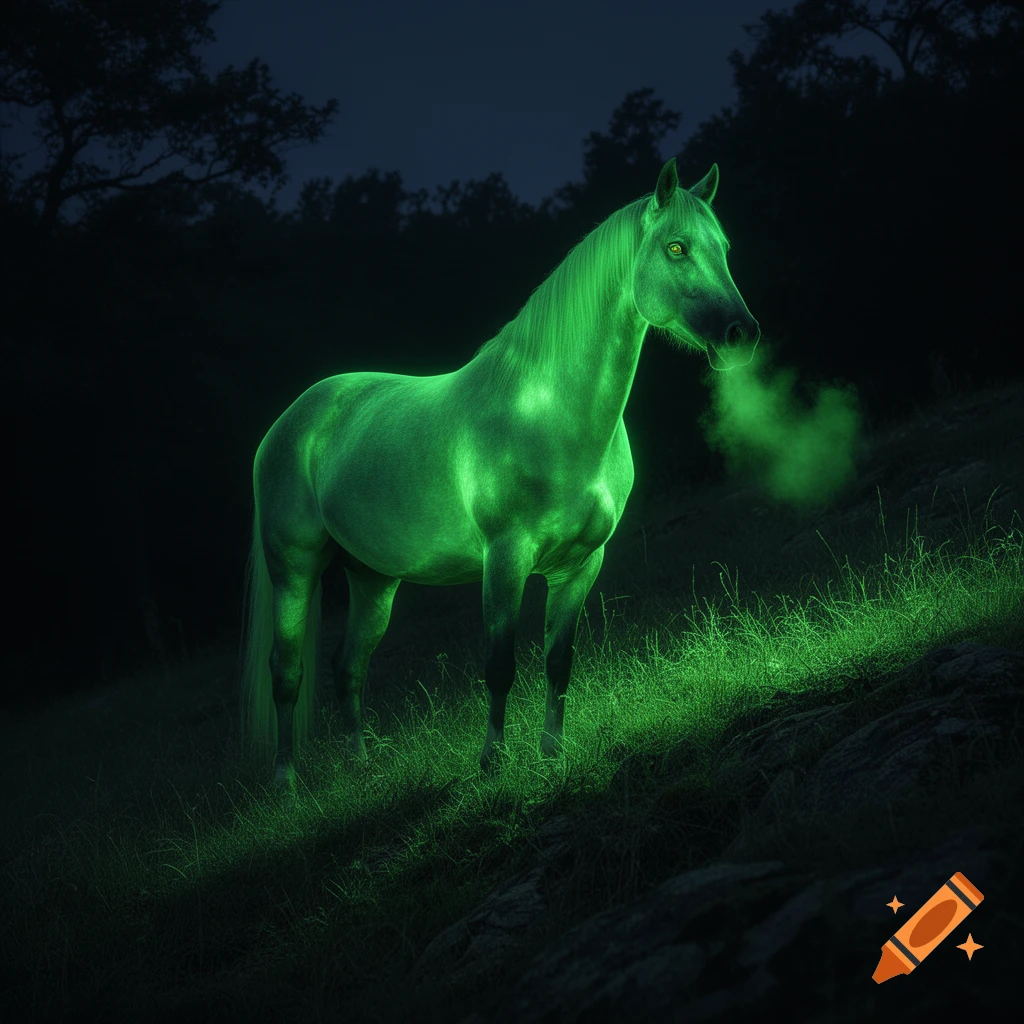 A bright green glowing horse stands in a dark, grassy field at night, emitting green vapor from its nostrils.