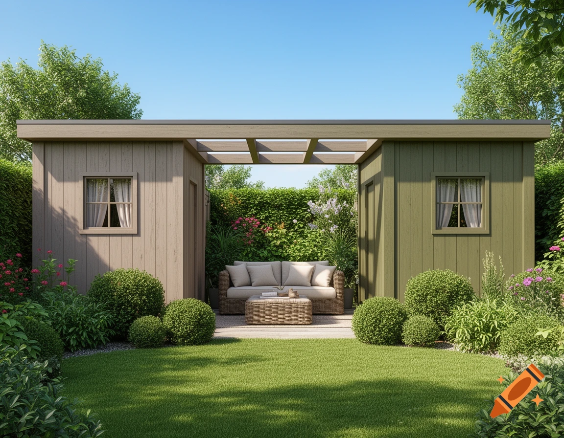 Photorealistic image of two modern garden sheds with an outdoor lounge between them, surrounded by a lush green garden.