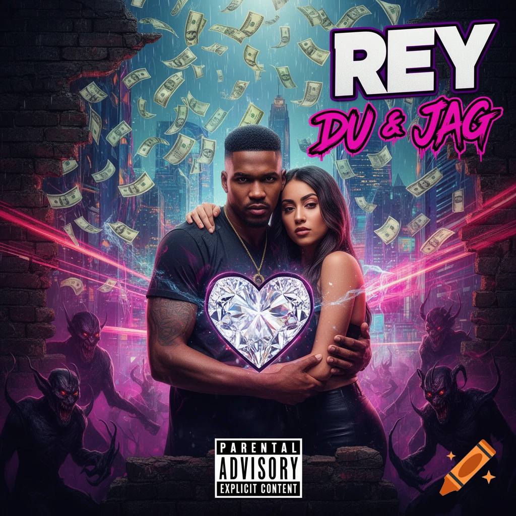 An album cover with a man and woman embracing, set against a neon city skyline with falling money and stylized demons. A large diamond heart glows in front of them, with text 'REY DU & JAG' and 'PARENTAL ADVISORY EXPLICIT CONTENT'.