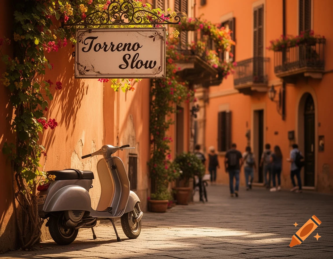 A vintage scooter on a sunny, vine-covered street with a 'Torreno Slow' sign in an Italian town, blurred people walk past orange buildings.