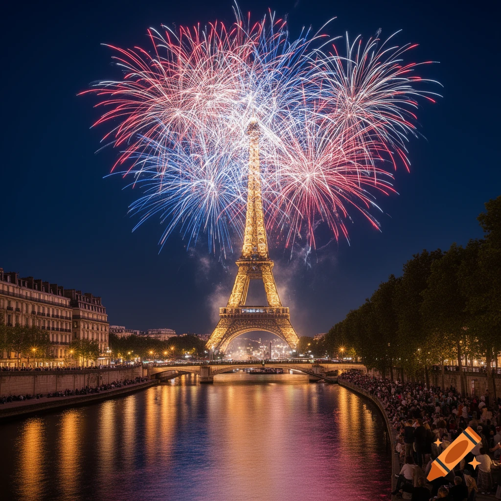 Photorealistic view of the illuminated Eiffel Tower at night, with red, white, and blue fireworks exploding above it, reflected in the Seine River, with crowds watching along the banks.