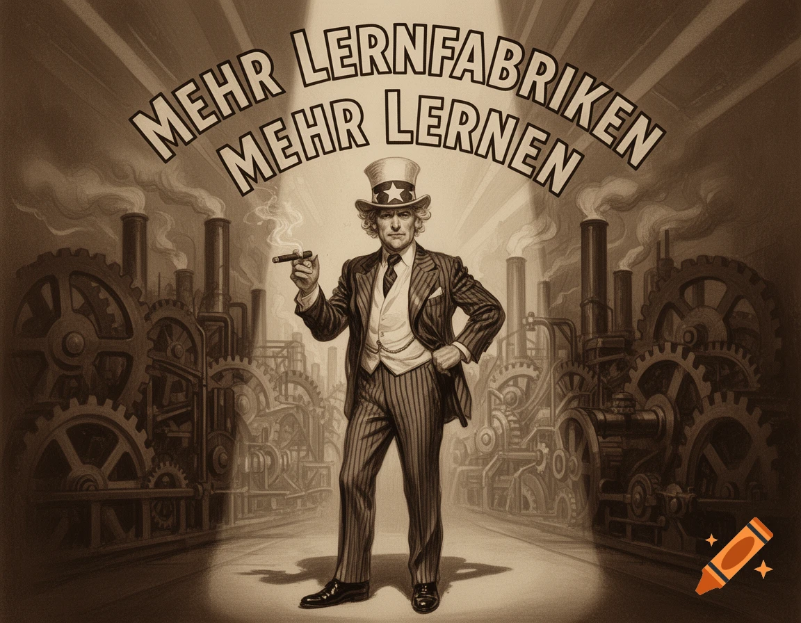 Sepia propaganda illustration of an Uncle Sam-like figure with a cigar before an industrial factory. Text: "Mehr Lernfabriken Mehr Lernen".